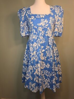 Blue Floral Square-Neck Puff Sleeve Mini Dress Cottage Core